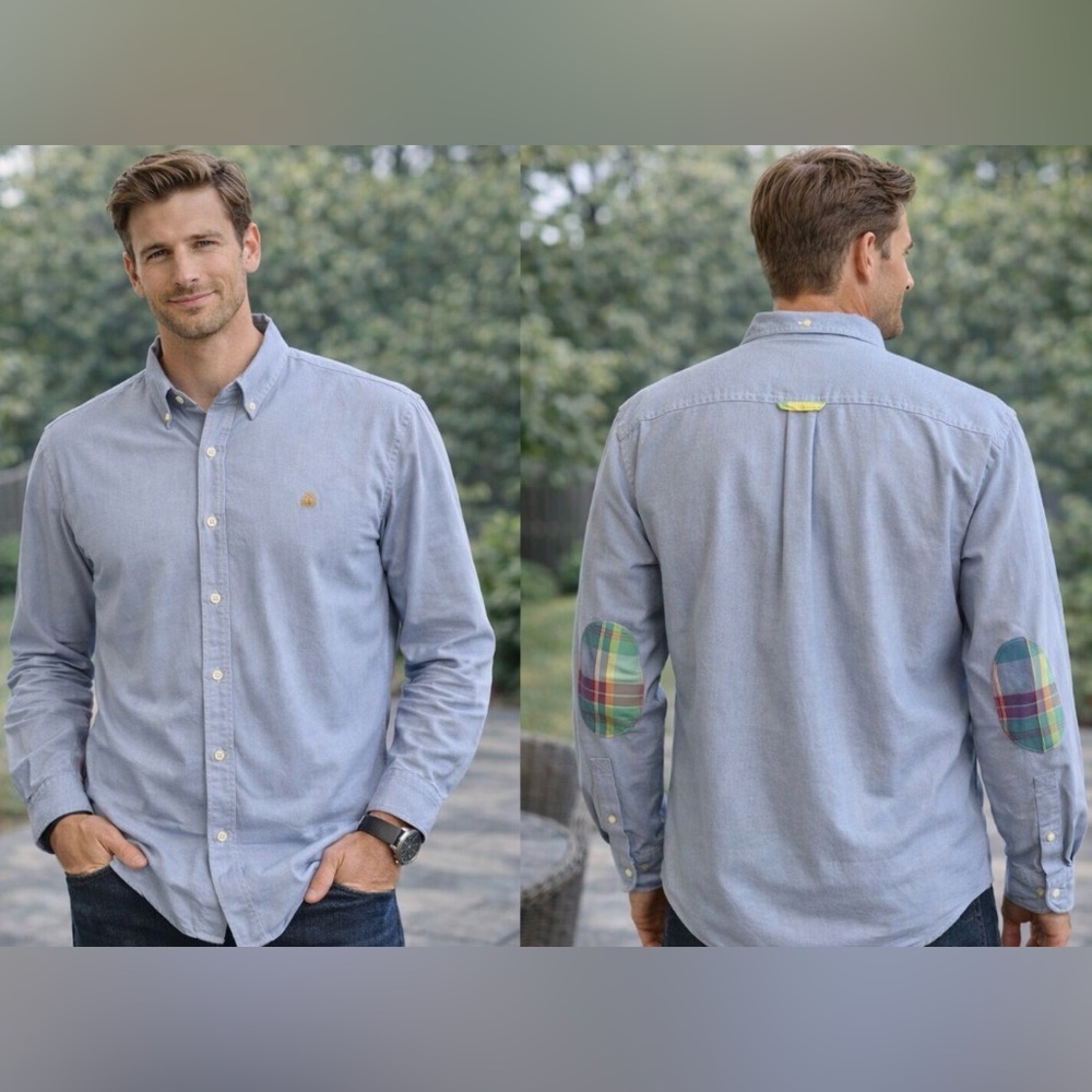 Brooks Brothers Blue Button Down w/Plaid Elbow Patches, Collar L/S Shirt Large